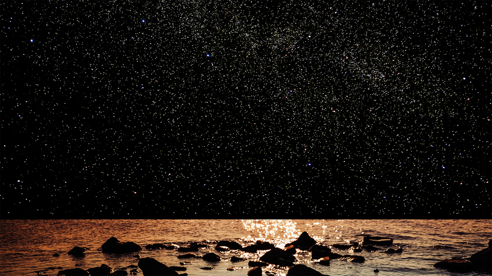 A sky full of stars above a moonlight rocky shore