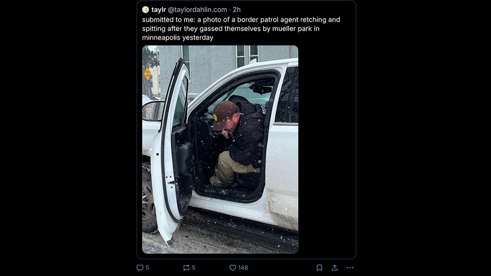Bluesky post: "submitted to me: a photo of a border patrol agent retching and spitting after they gassed themselves by mueller park in minneapolis yesterday"