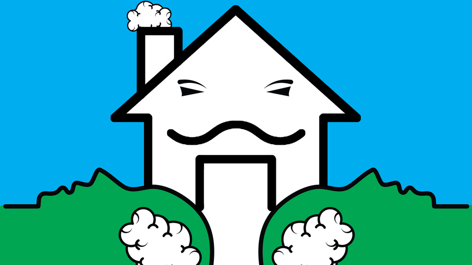 Two lying down head silhouettes in green, like a hedge, behind them an anthropomorphized wee house with optical illusion multi-faces