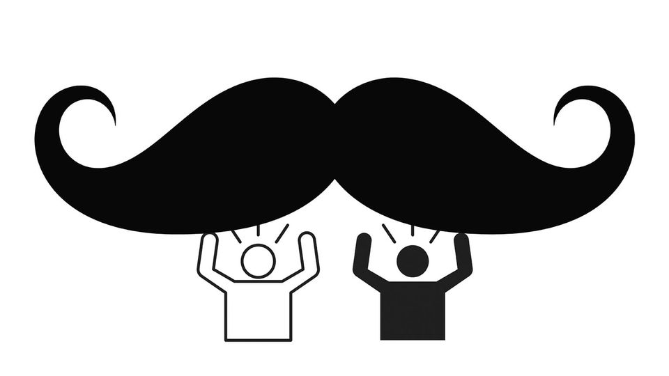Man-icon figures struggling to hold up a giant handlebar moustache
