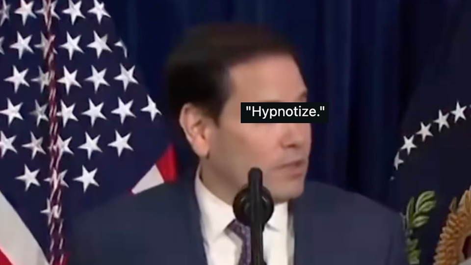 Marco Rubio from Instagram with the word HYPNOTIZE in a black bar over his eyes
