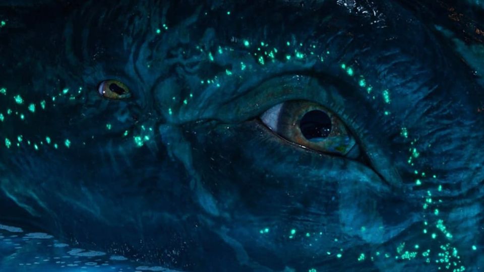 Closeup of one of the iridescent-bioluminescent blue whale-like things with an eye and then an extra eye