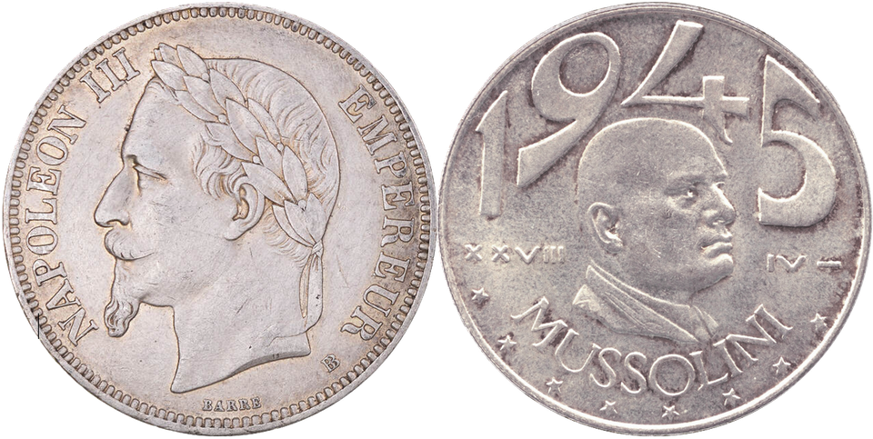 Two silver coins, one picturing 'NAPOLEON III EMPEREUR', the other '1945 MUSSOLINI'
