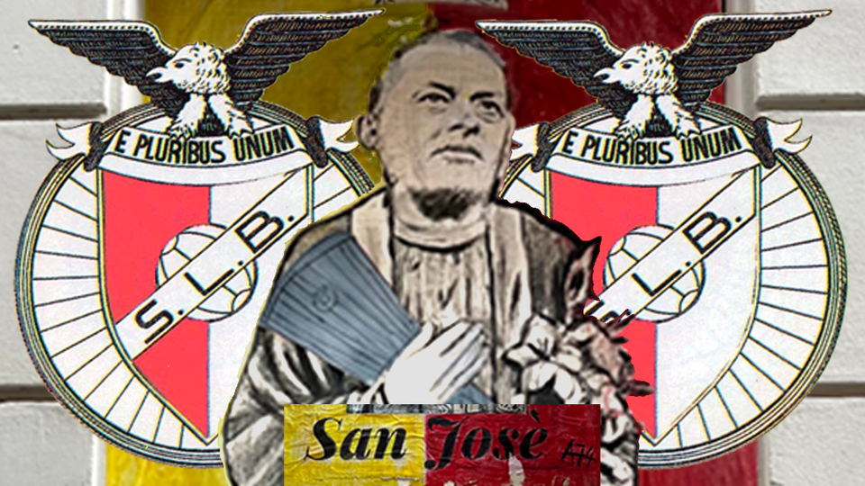 Grafito depicts "San José" holding a trophy. Emblem of Sport Lisboa e Benfica