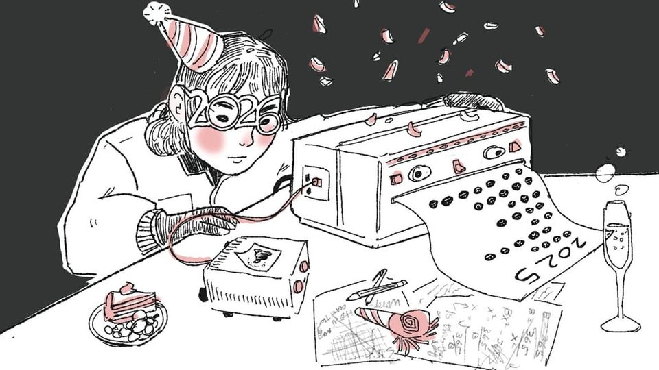 Drawing of the author wearing 2026 glasses and a party hat, doing tabulating stuff on a calculator/computer (with eyes) and there's party stuff, champagne and confetti