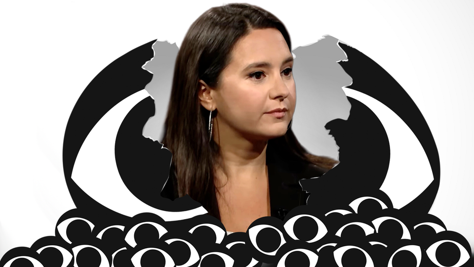 Bari Weiss popping out of a broken egg that is the CBS "eye" logo and there's a buncha little CBS eyes piled underneath