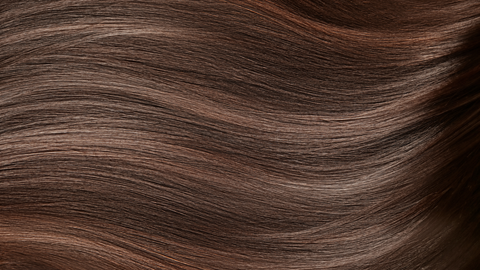 A wave of dark hair almost abstract