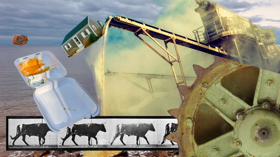 A huge grinding machine spits out a house falling into the sea behind an old moving pictures strip-image of a bull walking. In foreground, a carryout clamshell container with scraps of food.