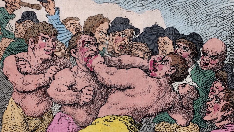 Thomas Rowlandson etching of a 1812 boxing match, very crowded, with two fearful, bloody-faced combatants