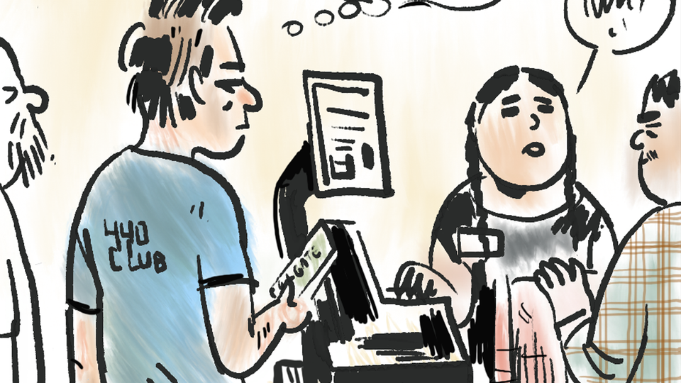 Detail of our hero in line at the checkout