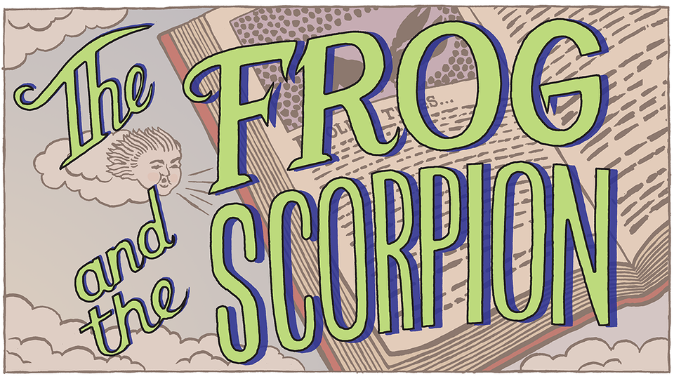 TITLE: The FROG and the SCORPION - Zephyr in pillowy cloud-filled sky blowing breeze over pages of a book