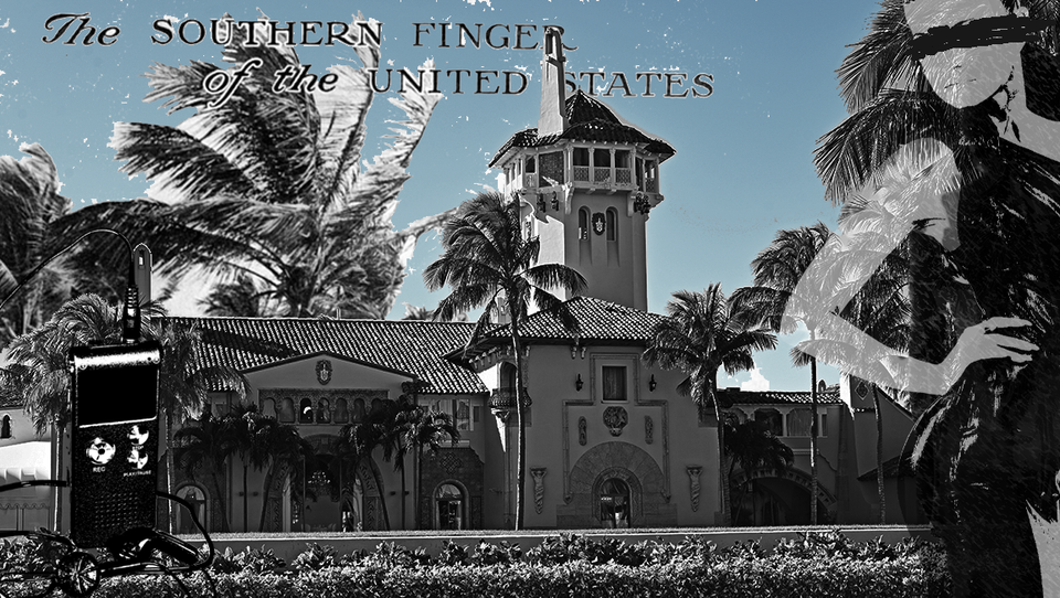 A Florida mansion and extra images: recording device, Florida postcard w/ windswept palm trees reading “The Southern Finger of the United States, woman w/eyes obscured, in shiny wrap gown.