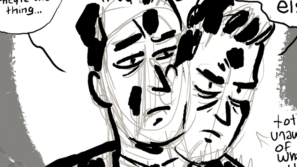 Our ANTAGONIST displaying two ruminating faces during the interrogation scene below.