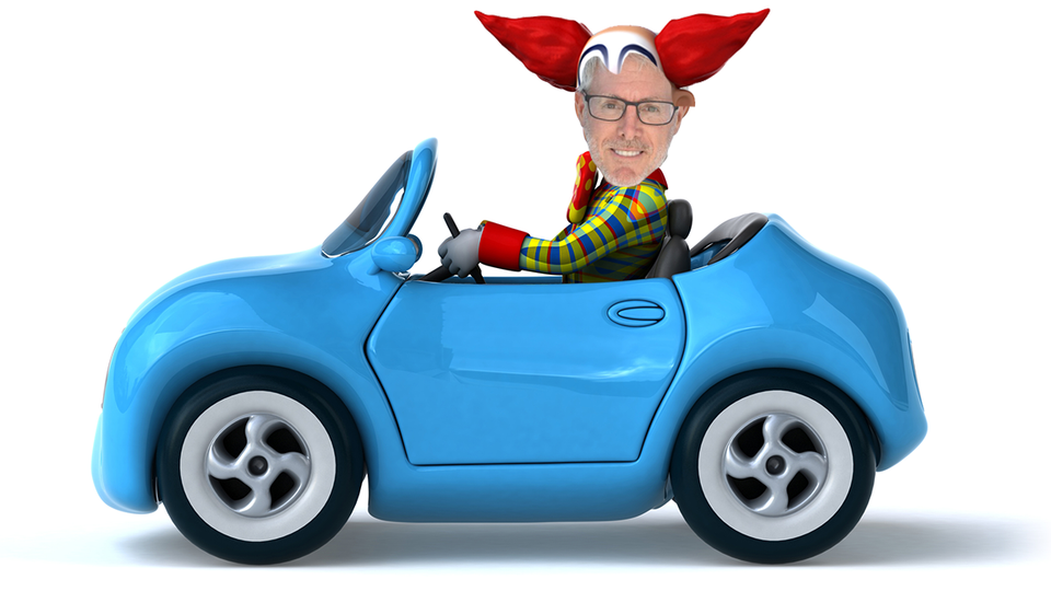 Cartoon art of a clown driving a car and a photo of the head of Bill Harris is pasted-in to the clown head