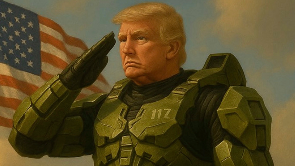AI-looking crapola of Trump saluting something with a US flag behind them