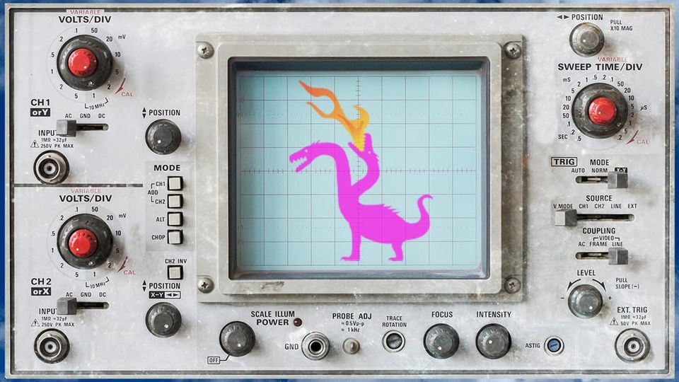 A crazy complicated OSCILLOSCOPE gizmo with a Flaming Hydra on the screen