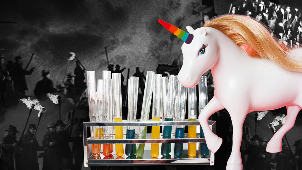 Villagers with torches from black and white films as backdrop for a unicorn Scientist with test tubes in a rack