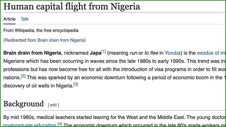 Wikipedia page: Human capital flight from Nigeria 