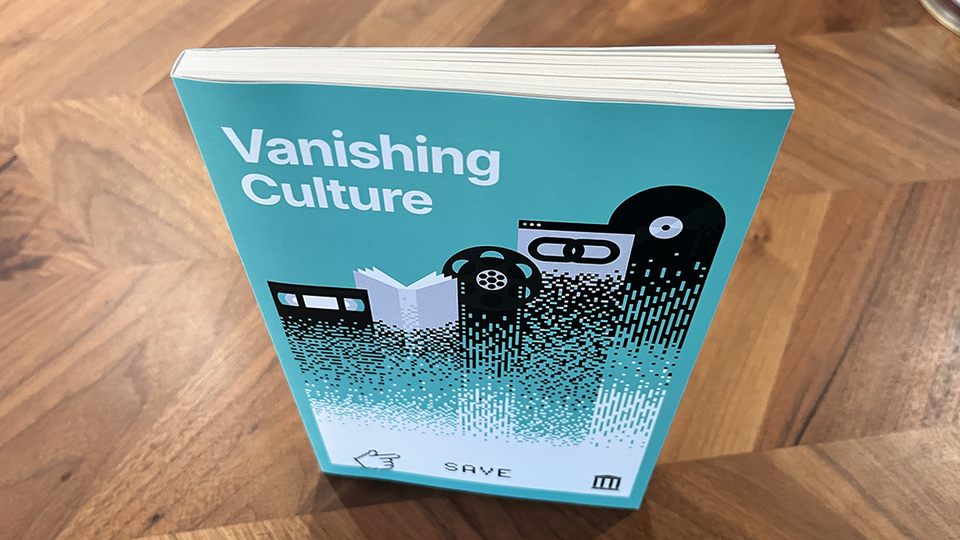 The cover of VANISHING CULTURE, showing different types of media (film, cassettes, vinyl, paper) dissolving into pixels