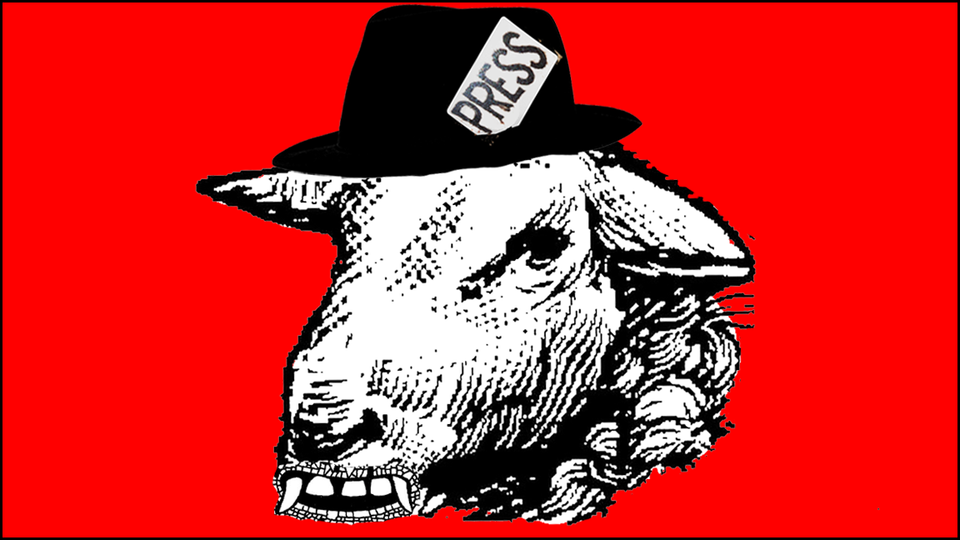 Engraving of a sheep, with fangs, wearing a PRESS fedora