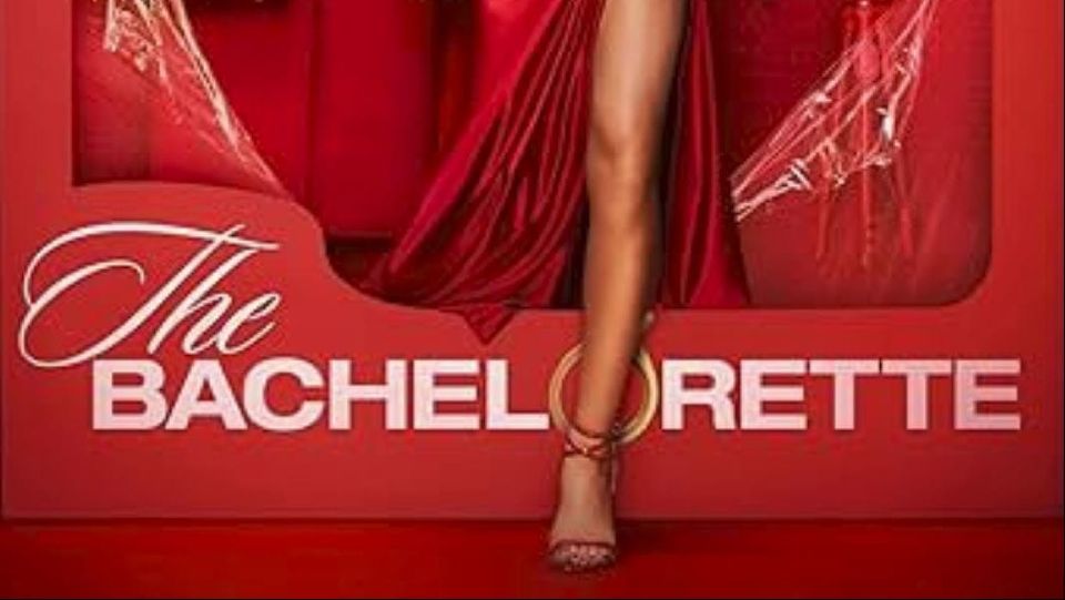 Detail from the IMDb page of 'The Bachelorette' features a woman in a red gown, her left leg stepping out in front of the logo 'The Bachelorette'