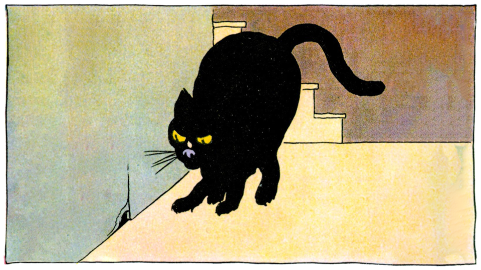 Illustration of a cat lurking outside of a hole in the wall.