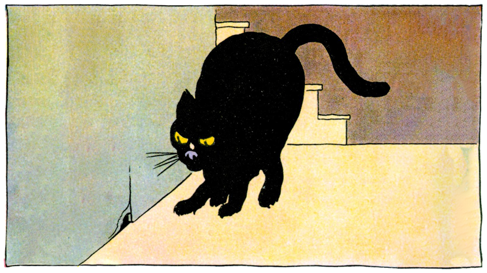 Illustration of a cat lurking outside of a hole in the wall.