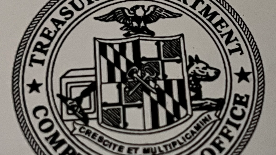 Circular seal: An eagle atop Maryland Cecil/Lord Baltimore shield, and a dog and: TREASURY DEPARTMENT COMPTROLLER’S OFFICE CRESCITE ET MULTIPLICAMINI