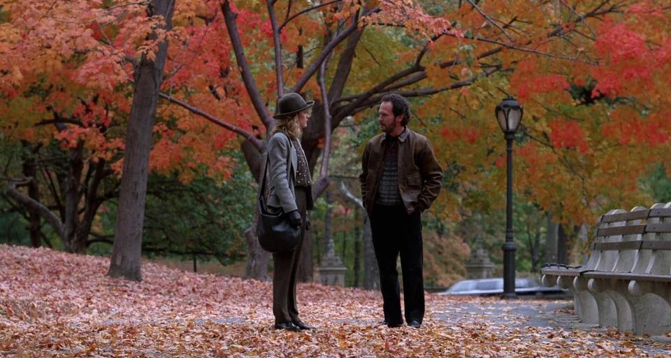 The characters in a beautiful autumn-trees park setting