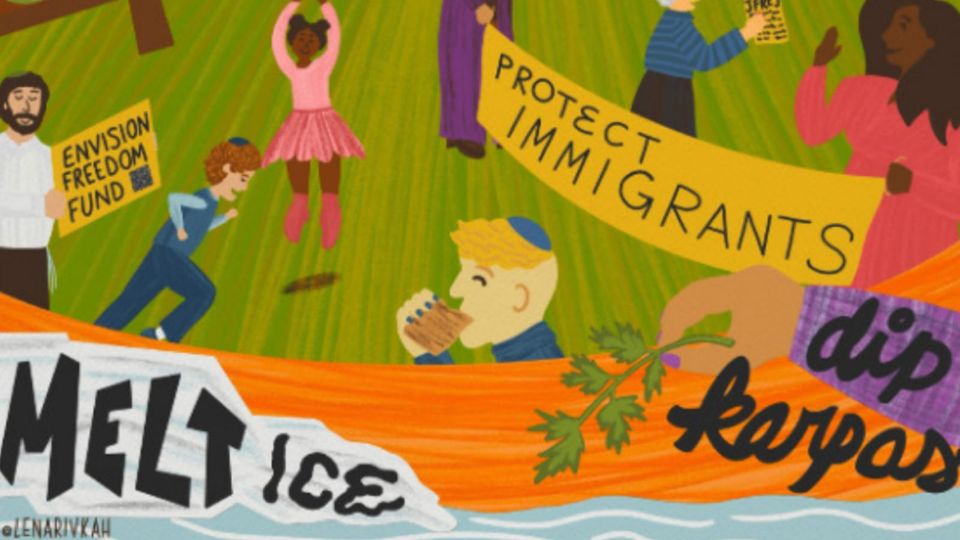 Colorful illustration includes celebrating people holding a banner reading 'PROTECT IMMIGRANTS,' 'MELT ICE,' 'dip karpas,' and ENVISION FREEDOM FUND