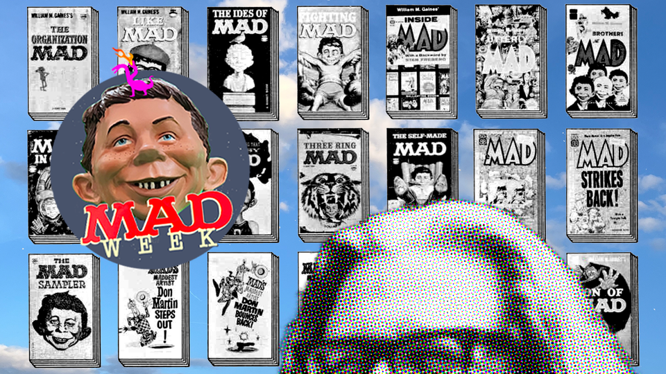 Collage of William M. Gaines peeking up over an assemblage of MAD book covers, as part of MAD WEEK 