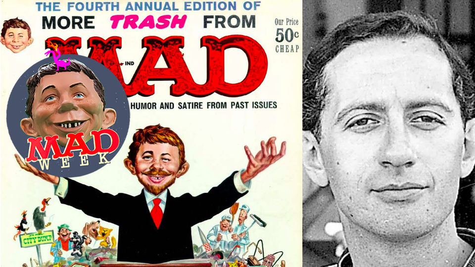 Detail from the cover of THE FOURTH ANNUAL EDITION OF MORE TRASH FROM MAD, feat. Alfred E. Neuman, alongside photo of MAD writer Frank Jacobs