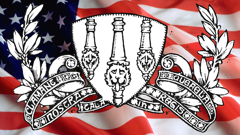 A shield flanked by laurel leaves with three vertical cannons perched atop lion heads. U.S. flag in background