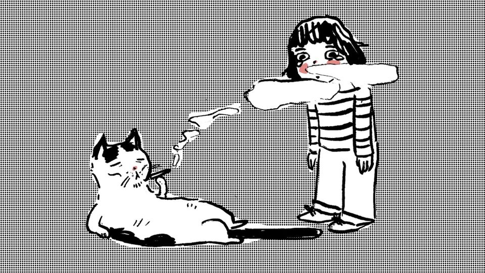 A cat blithely smoking a cigarette and a girl in a striped shirt looks on, lovestruc