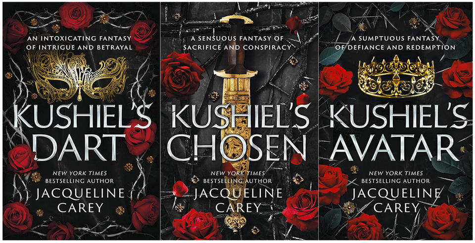Three book covers, all with dark backgrounds, spikes and thorns, deep blood-red roses, and each with a golden theme image: A harlequin masque, a dagger, a crown. JACQUELINE CAREY