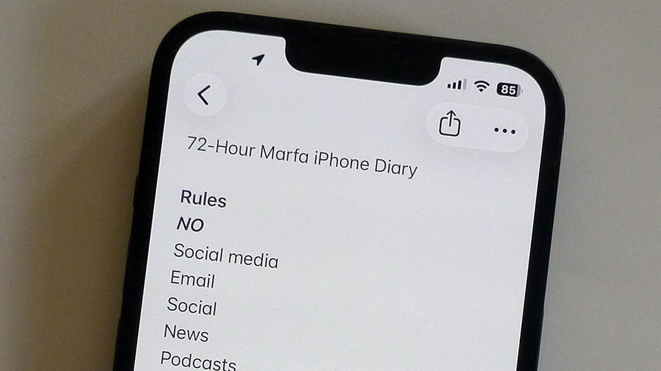 Phone showing 72-Hour Marfa iPhone Diary with Rules NO Social media Email Social News Podcasts