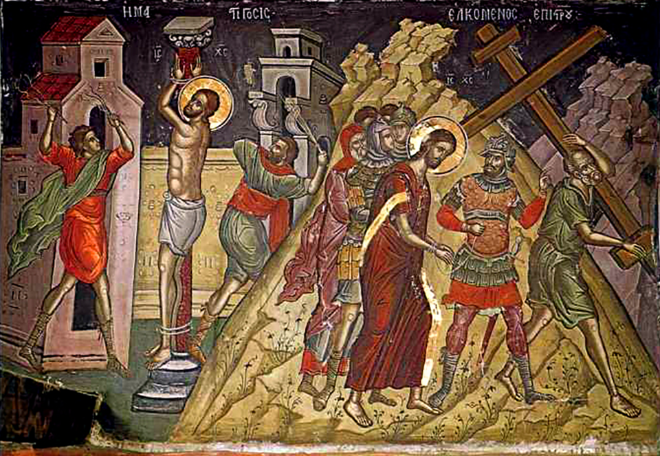 Icon Jesus lashed to a column and whipped, Jesus bound at wrists and being led to crucifixion.