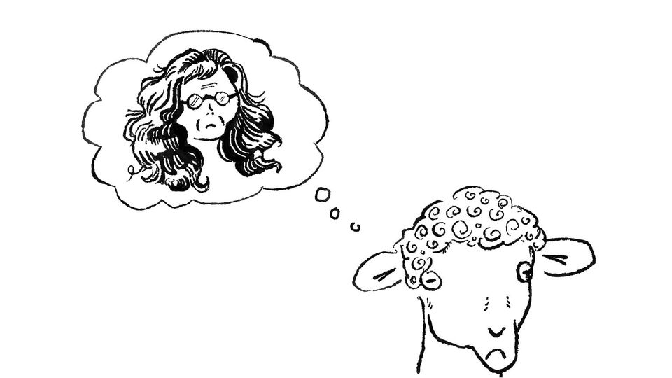 A FROWNING SHEEP WITH A THOUGHT-BUBBLE FILLED WITH THE IMAGE OF A WOMAN WITH LONG FLOWING LOCKS