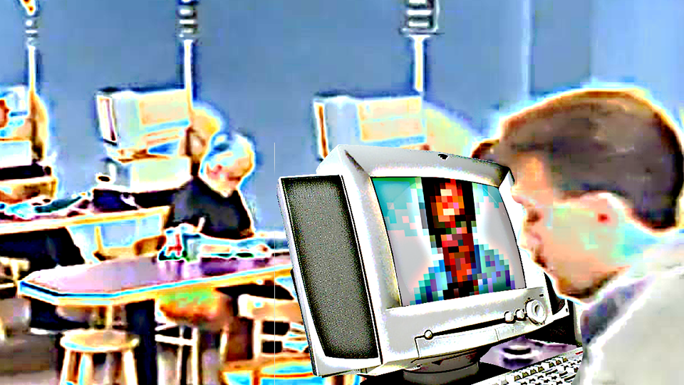 People in an internet cafe circa 1995. Large monitors on tabletops, restaurant tables and chairs, a pixelated Negroponte on a screen.