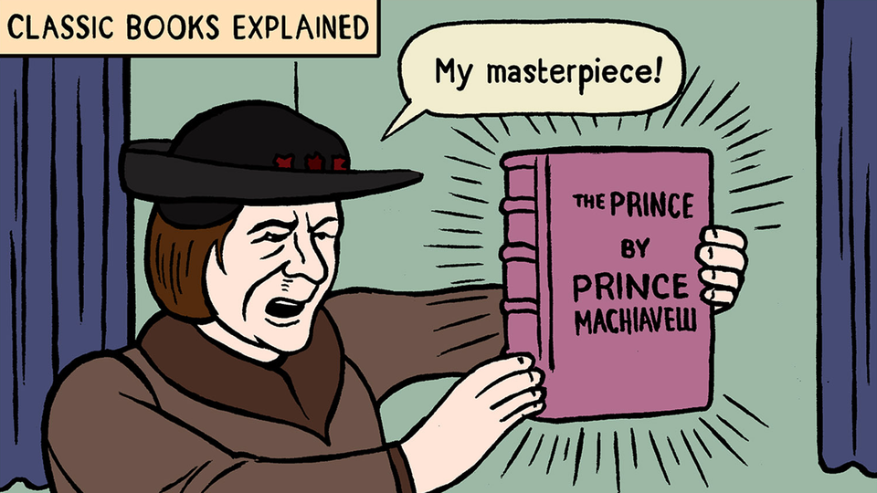 Detail of second panel: Machiavelli, holding book THE PRINCE, exclaiming "My masterpiece!"