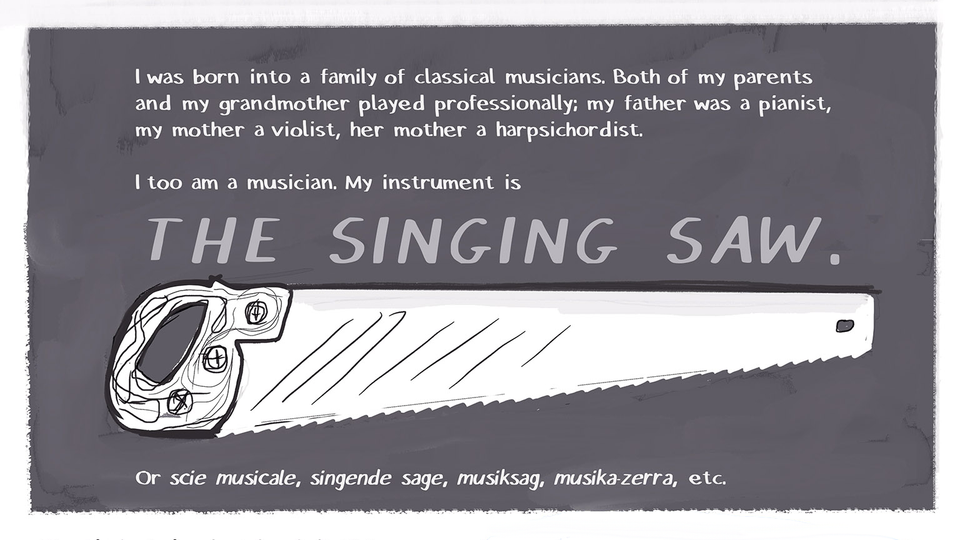 Title card (detail of the first panel, below): THE SINGING SAW (image of a saw) Or scie musicale, Singende Sӓge, musiksåg, musika-zerra, etc.