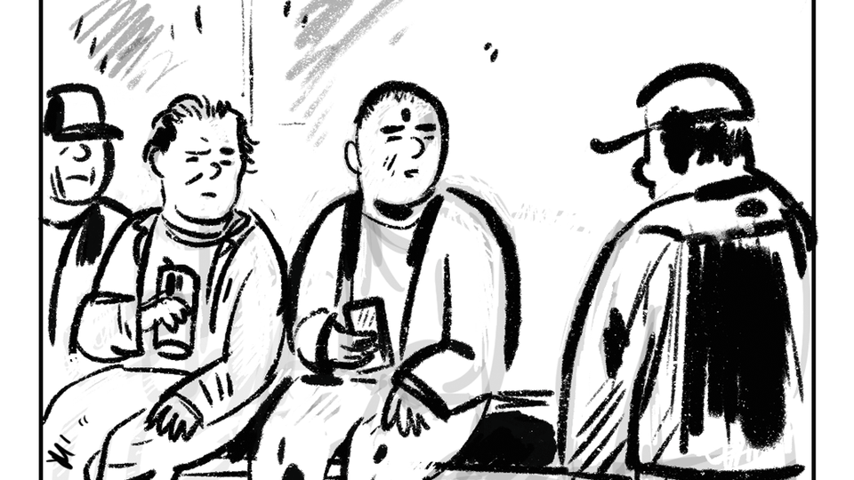 Detail of panel no. 2 below: Blue-collar workers greeting a fellow.