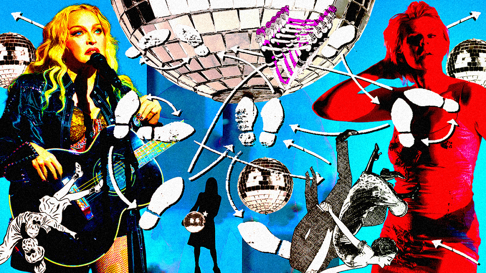 Madonna and Robyn pics from performances flanking a dance steps diagram and old cuts of people dancing and a person holding a disco ball