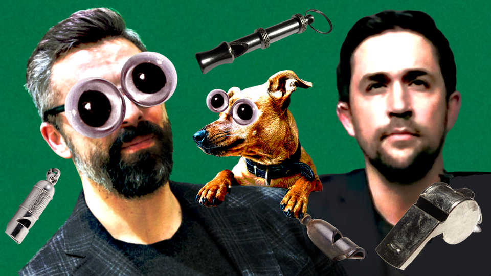 Ezra Klein with dumb googly eyes, a dog with dumb googly eyes and Chris Rufo. Dog whistles float in space around the trio.