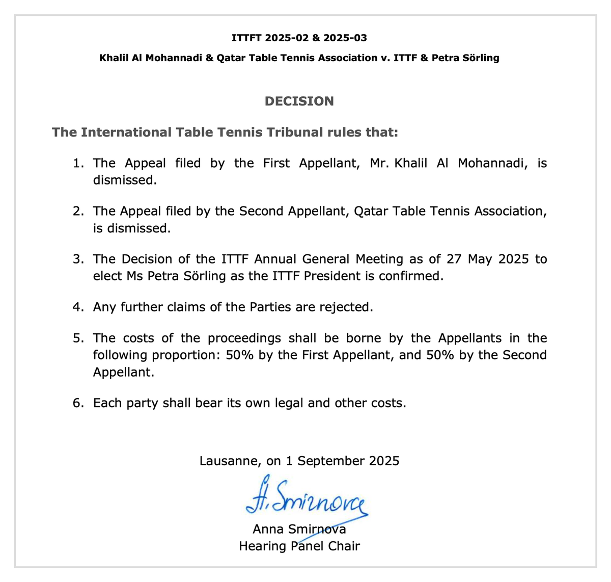 ITTF Tribunal dismisses appeal by Khalil Al-Mohannadi and QTTA and declares May 2025 election lawful