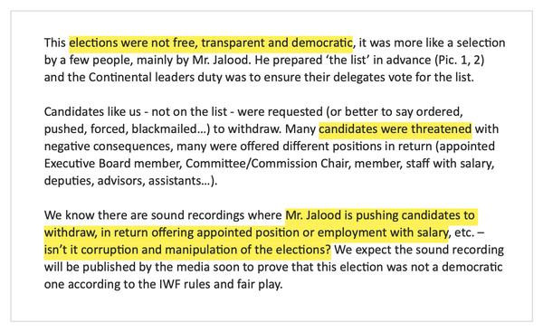Ethics complaint against the IWF president: "Elections were not free, it was more like a selection by a few people, mainly by Mr. Jalood"