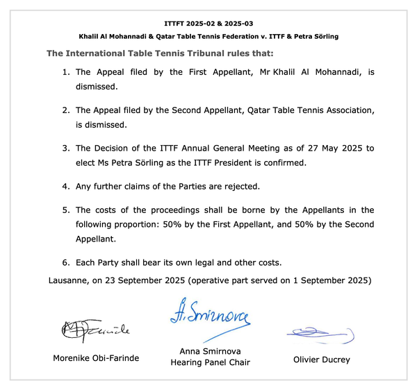 ITTF Tribunal decision: how the table tennis powerhouses Greenland and Jersey made Petra Sörling president