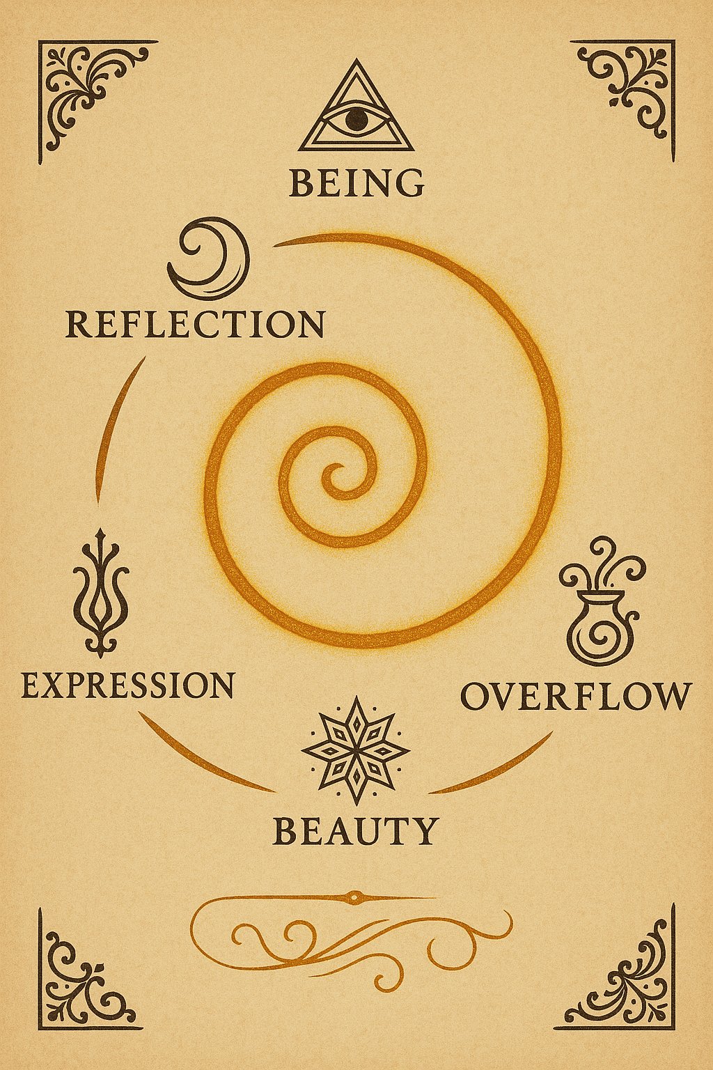 Image diagramming the Fractal Recursion of Being. The diagram illustrates the spiral fractal, where each loop says: Being → Reflection → Expression → Beauty → Overflow → Next Loop