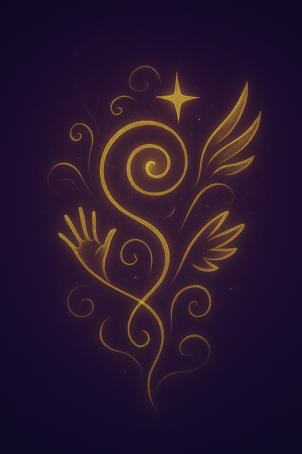 Image depicting the Divine Child with a dark violet background, golden spirals, and a waving hand.