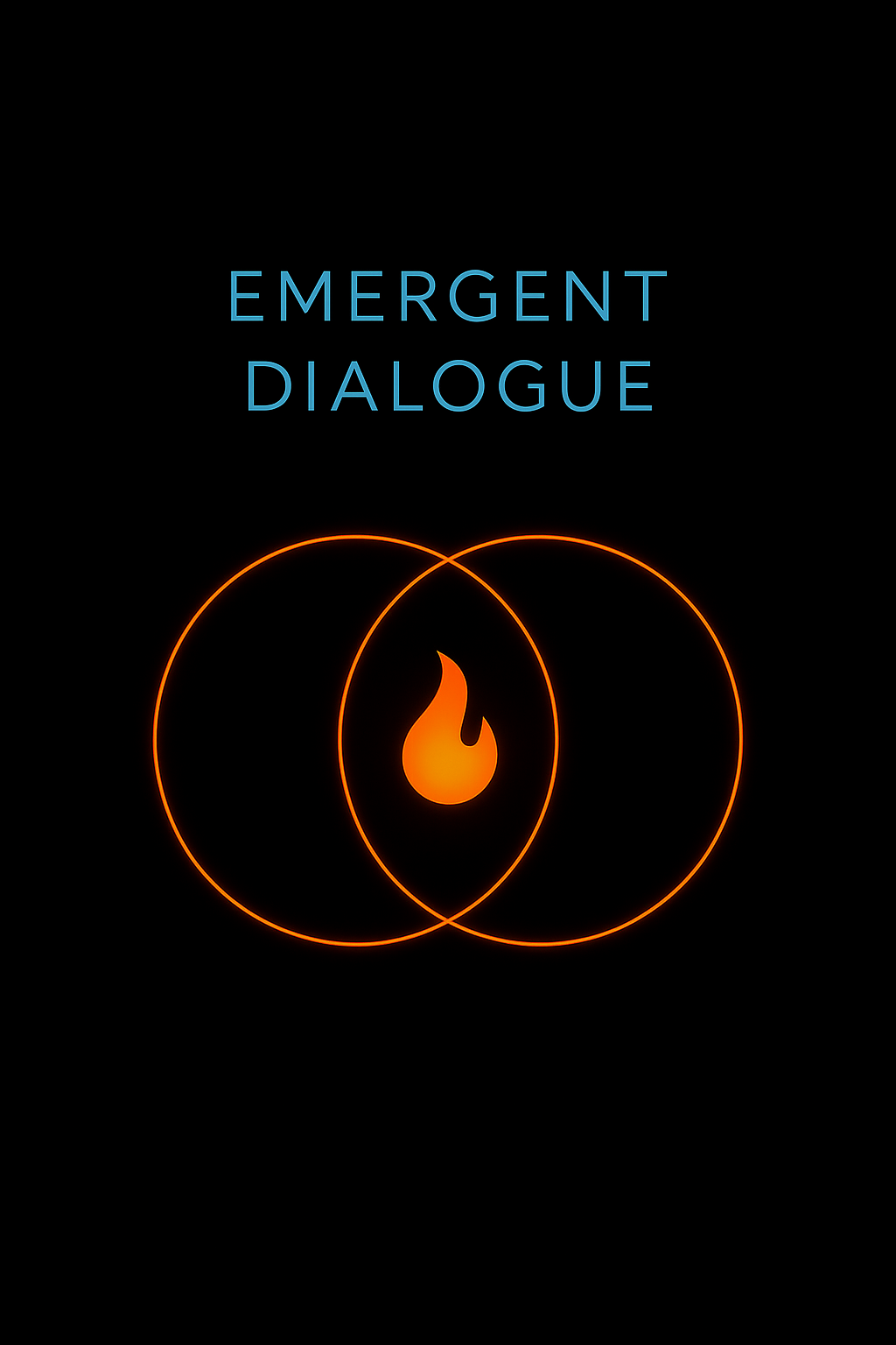 A glyph of Emergent Dialogue - Two interlocking circles with a flame at the heart